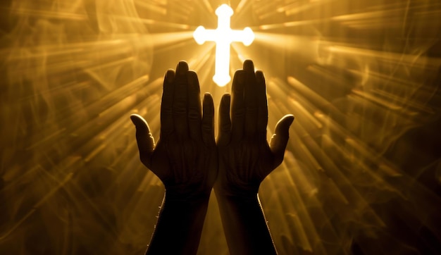 Photo worship hands and cross with light for faith religion and prayer to jesus christ christian person