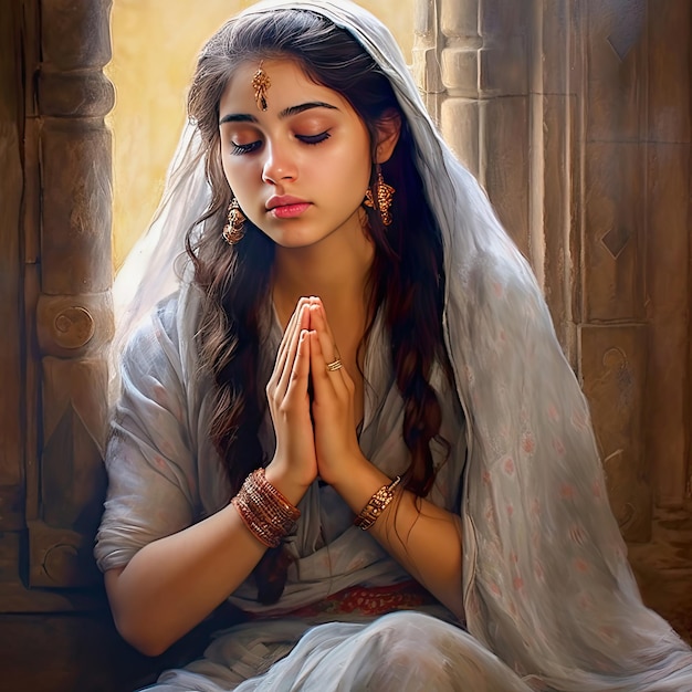 Premium AI Image | Worship Indian Girl in Temple