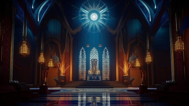 Worship religious iconography a place of worship in the far future folklore mythology the future animalhuman hybrids and cinematic lighting The Generative AI