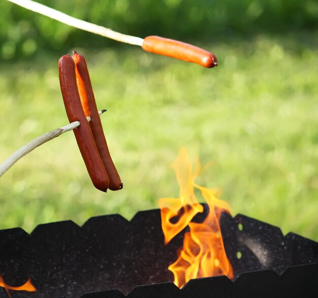 Worsten grillen voor een picknick buiten boven de vuurpot