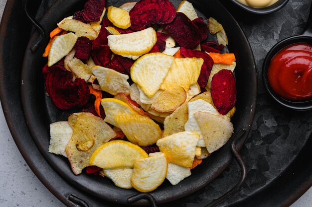 Wortel Groente Chips op grijze stenen tafel achtergrond bovenaanzicht plat lag