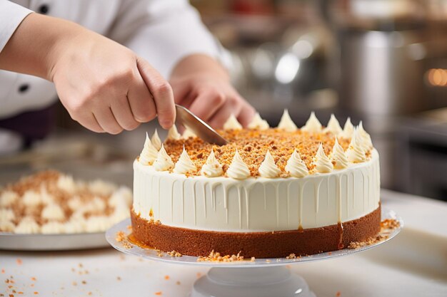 Wortelkoek met een plakje dat wordt genoten met een schopje vanille-ijs