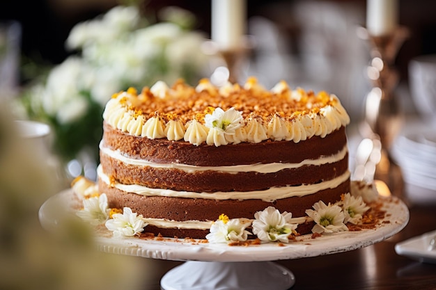 Wortelkoek op een desserttafel in een restaurant