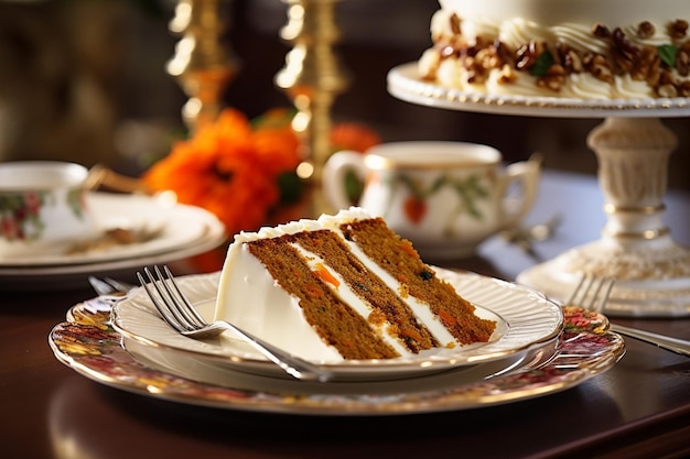 Wortelkoek tentoongesteld op een dessertkar bij een tuinfeestje