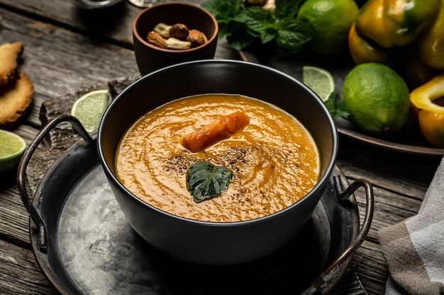 Wortelsoep met gebakken paprika en kaas, limoensap en gember geserveerd met noten en verse munt op houten ondergrond