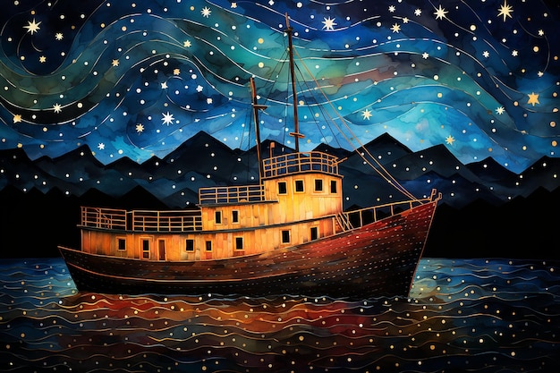 wotercolor art of mystic sailing ship at night light