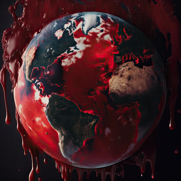 Foto il pianeta terra ferito e malato con il sangue che gocciola all'indomani delle guerre nucleari