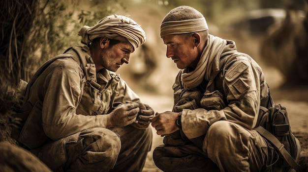 A wounded soldier and a compassionate medic