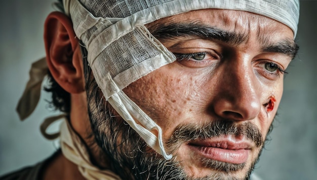 Wounded young man head bandaged with bandages Generative AI