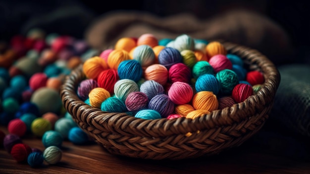 A woven basket filled with colorful yarn balls