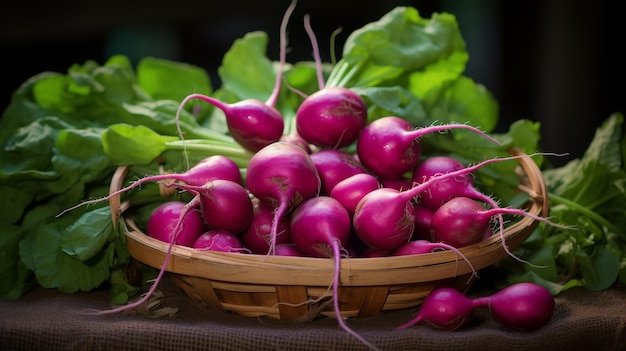 Woven basket filled with unique colorful radishes