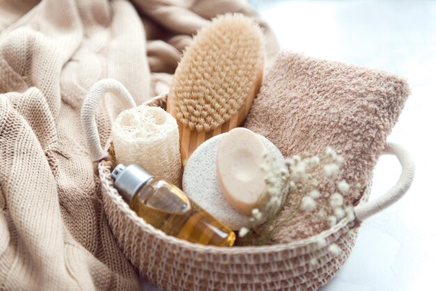 Photo woven basket with natural body care products - sponge towel loofah soap body brush