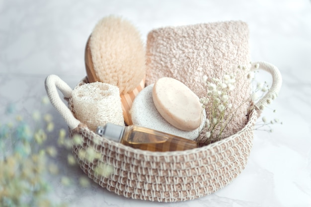 woven basket with natural body care products