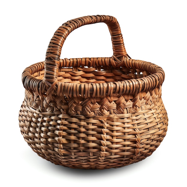 Woven basket with a sturdy handle isolated white object