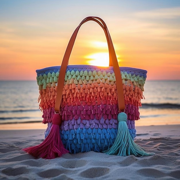 Плетеная пляжная сумка с яркими кисточками идеально подходит для полотенец и солнцезащитного крема.