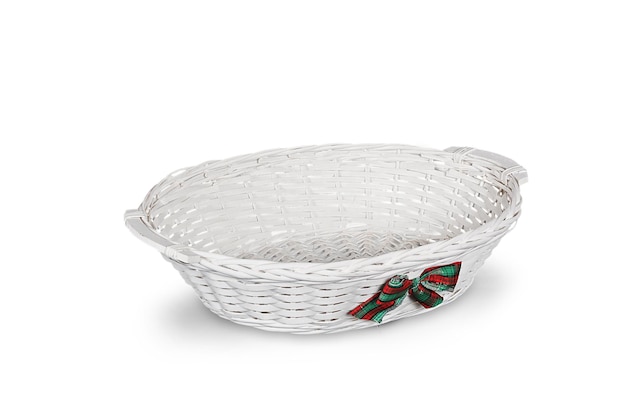 Woven and colored wicker basket isolated. Basket on a white background. Ideal for gift