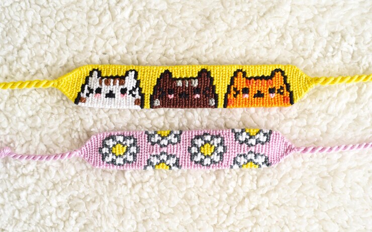 Photo woven diy friendship bracelets handmade of embroidery bright thread with knots on white