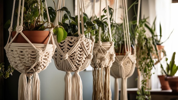 Woven hanging planter with macrame details AI generated