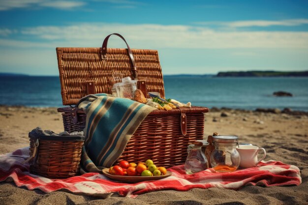 Foto cesto da picnic tessuto spiaggia generate ai