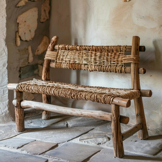 Woven Seat Rustic Wooden Bench