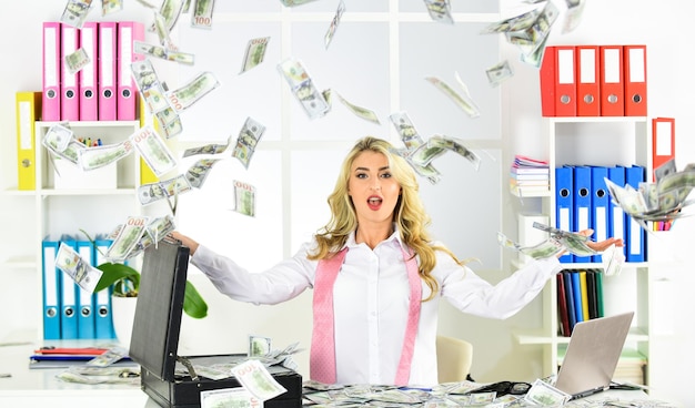 Wow businesswoman working at home investment advisor\
businesswoman sitting at office in front of computer woman with\
dollar money in bag office with financial auditor or finance\
people
