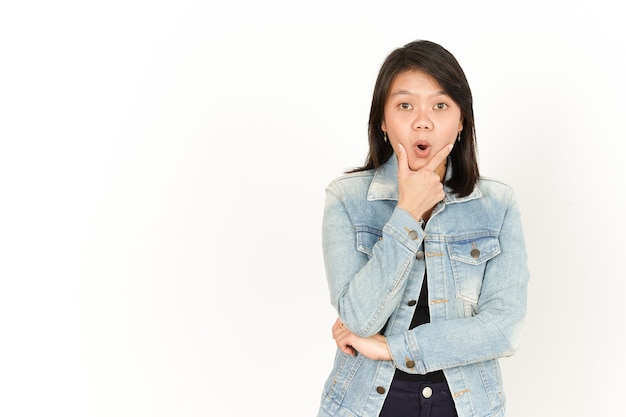 Wow Excited Gesture of Beautiful Asian Woman Wearing Jeans Jacket and black shirt Isolated On White