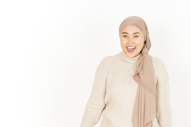 Wow Exciting Face of Beautiful Asian Woman Wearing Hijab Isolated On White Background