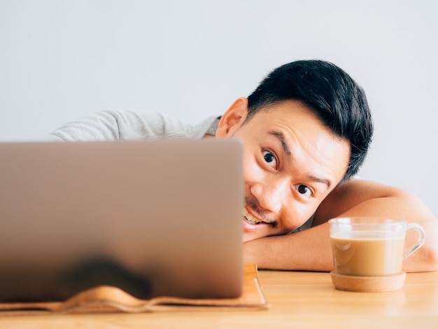 Wow face of man use laptop.