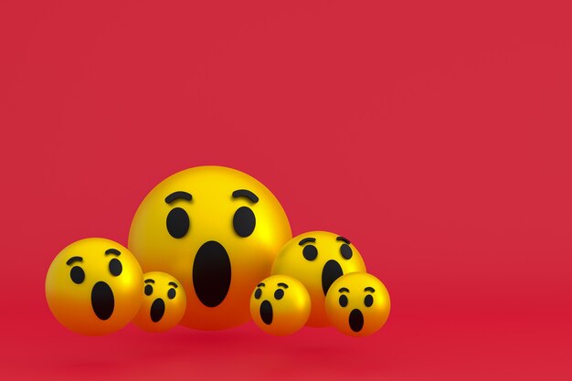 Foto wow icona reazioni facebook emoji rendering 3d, simbolo palloncino social media su sfondo rosso