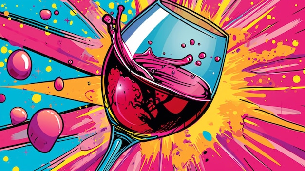 写真 ワインボトルとガラスのベクトル ポップアートレトロコミックスタイルのカラフルな背景 アルコール