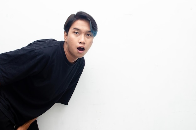 wow, shocked, surprised and astonished young asian man with peek a boo blue hair