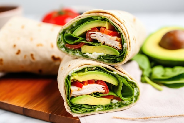 Wrap met kalkoen en avocado en een hapje eruit