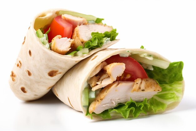 A wrap with chicken and lettuce on it