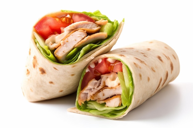 A wrap with chicken and lettuce on it