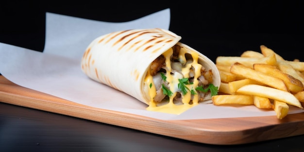 A wrap with a side of fries on a tray