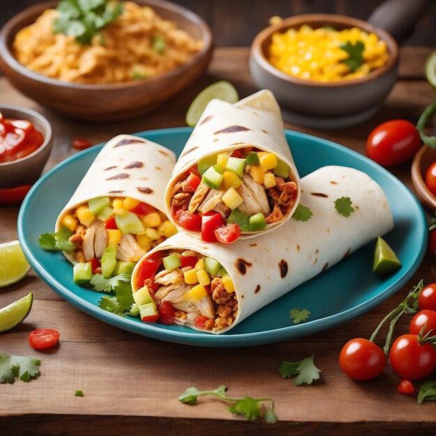 Photo wrap with tortilla sandwich burger and fries