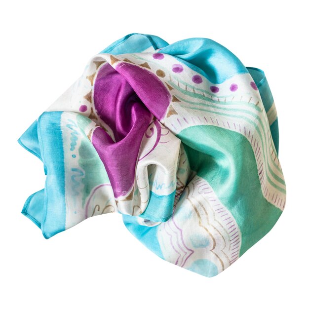 Wrapped blue green and purple colored silk scarf