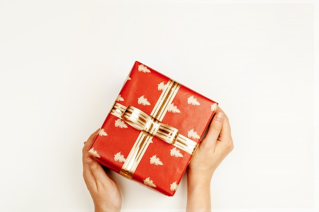 Wrapped Christmas gift in woman hands above white 