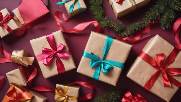 Рождественские или другие праздничные подарки, сделанные вручную, упакованные в бумагу с цветной лентой.
