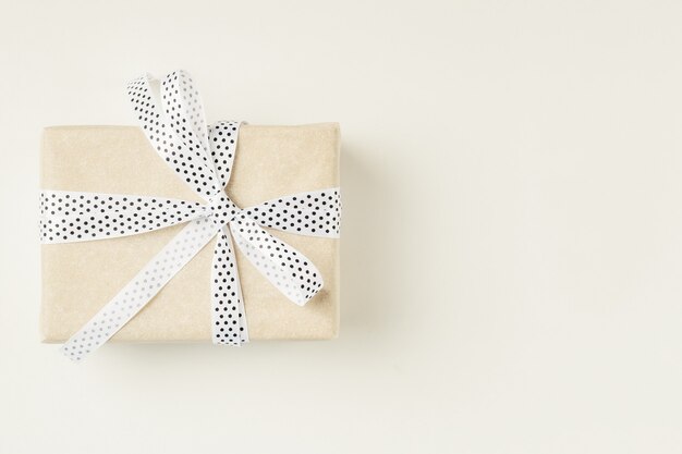 Wrapped gift box with ribbon bow on a white , copy space