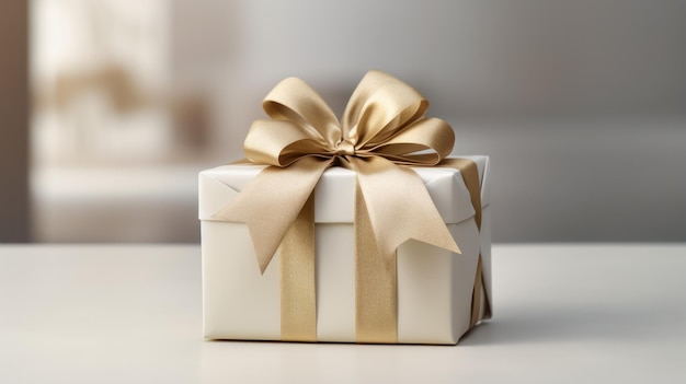 A wrapped gift featuring a bow placed against a simple backdrop