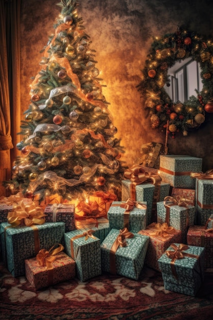 Wrapped gifts under a sparkling christmas tree created with generative ai