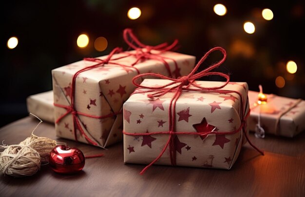 wrapped gifts on a table with string and decorations