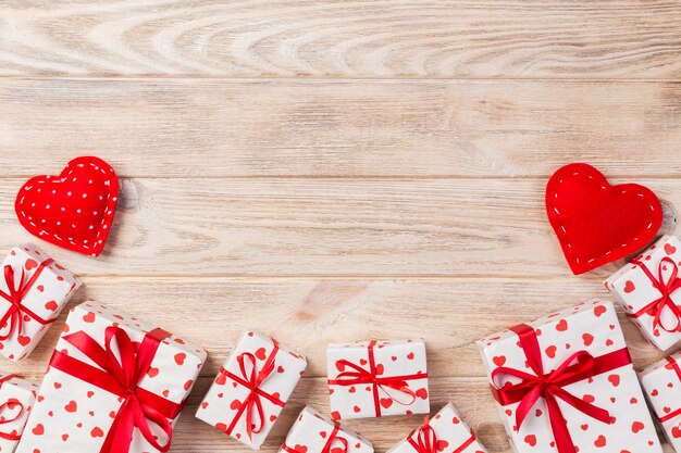 Wrapped presents with ribbon and textile hearts