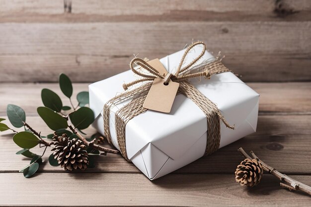 Wrapped white present with blank tag and twig on wooden background