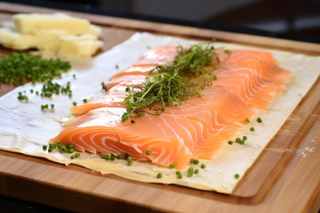 Foto avvolgere il filetto di salmone affumicato su una tavola di cedro nell'impasto di pasta sfoglia