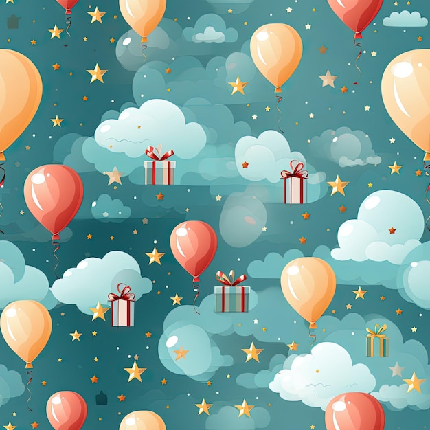 wrapping paper pattern with present box star balloon on green background