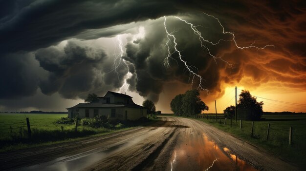 The wrath of nature monstrous tornado crashing into the rural landscape as lightning streaks across the sky