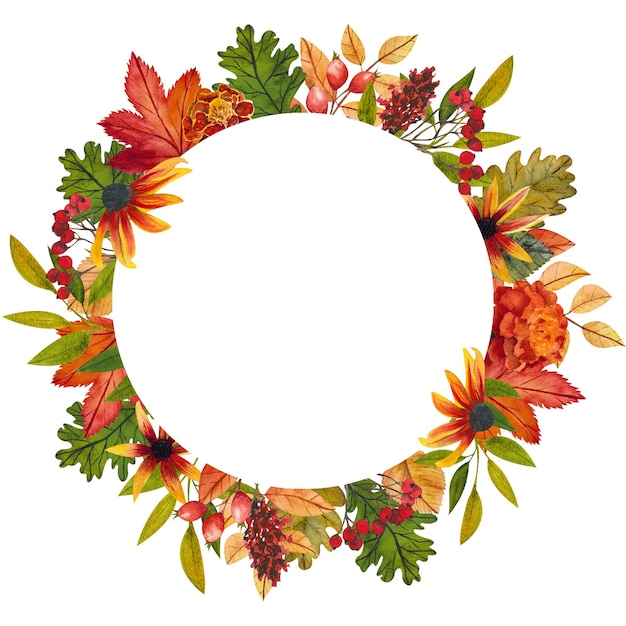 Wreath of autumn leaves berries and flowers