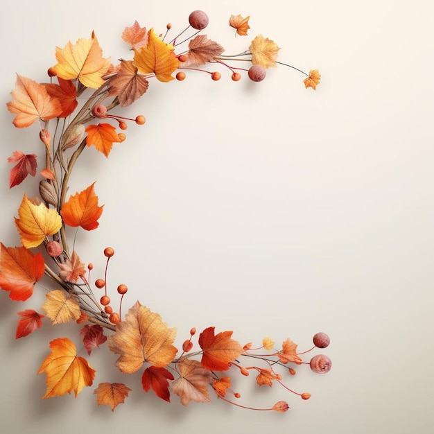 a wreath of autumn leaves and berries on a white background.